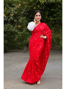 Anjaneya Sarees - Red Printed Saree with Unstitched Blouse