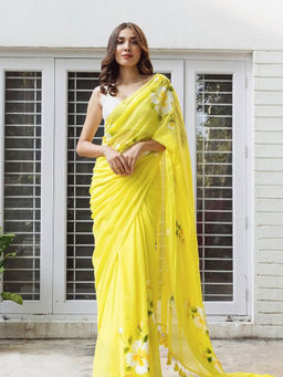 Anjaneya Sarees - Yellow Floral Saree with Unstitched Blouse