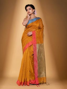 Beatitude - Yellow Blended Cotton Woven Saree with Unstitched Blouse