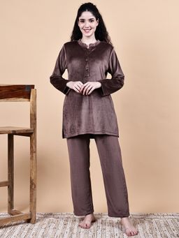 Secret Wish - Brown Solid Velvet Winter Night Suit