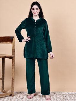 Secret Wish - Bottle Green Solid Velvet Winter Night Suit