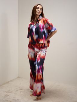Sweet Dreams - Womens Front Open Silky Shirt With Pyjama Multi-Color