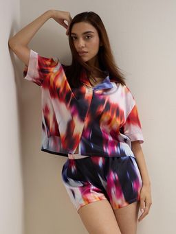 Sweet Dreams - Womens Front Open Silky Shirt With Shorts Multi-Color