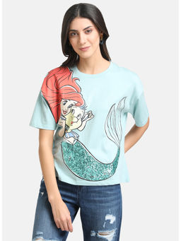 Kazo - Green Mermaid Print Green Tee With Sequin