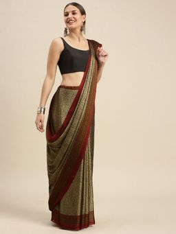 Sangam Prints - Beige & Red Crepe Printed Traditional Saree with Unstitched Blouse