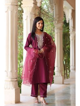 Vaamsi - Polysilk Embroidered Kurta Trouser Dupatta Purple (PKSKD1229 ) (Set of 3)