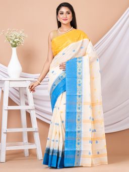 LAA CALCUTTA - White & Multi Floral Woven Design Pure Cotton Tant Saree without Blouse