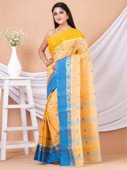 LAA CALCUTTA - Beige & Multi Floral Woven Design Pure Cotton Tant Saree without Blouse