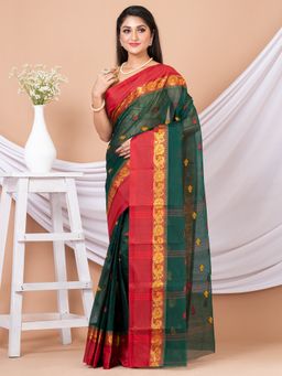 LAA CALCUTTA - Green & Maroon Floral Woven Design Pure Cotton Tant Saree without Blouse