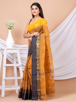 LAA CALCUTTA - Brown & Multi Floral Woven Design Pure Cotton Tant Saree without Blouse