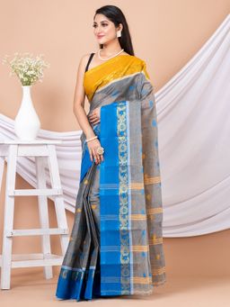 LAA CALCUTTA - Grey & Multi Floral Woven Design Pure Cotton Tant Saree without Blouse