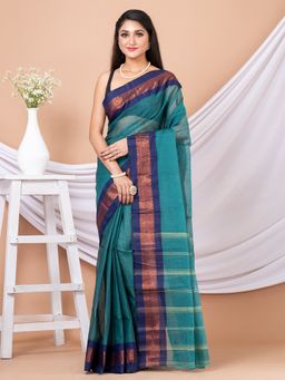 LAA CALCUTTA - Green & Blue Woven Design Pure Cotton Tant Saree without Blouse