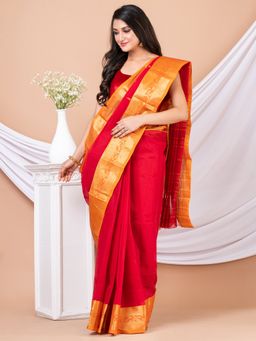LAA CALCUTTA - Red & Orange Woven Design Pure Cotton Tant Saree without Blouse