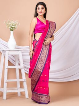 LAA CALCUTTA - Pink & Blue Woven Design Pure Cotton Tant Saree without Blouse