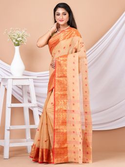 LAA CALCUTTA - Beige & Red Floral Woven Design Pure Cotton Tant Saree without Blouse