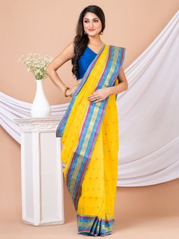 LAA CALCUTTA - Yellow & Blue Ethnic Motifs Pure Cotton Tant Saree without Blouse