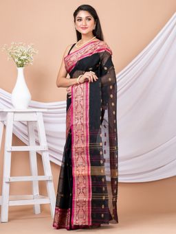 LAA CALCUTTA - Black & Pink Woven Design Pure Cotton Tant Saree without Blouse