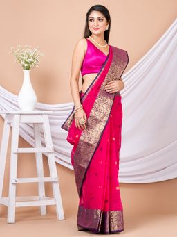 LAA CALCUTTA - Pink & Multi Floral Woven Design Pure Cotton Tant Saree without Blouse
