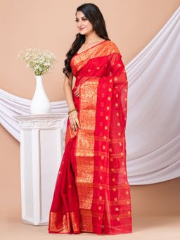 LAA CALCUTTA - Red & Gold Floral Woven Design Pure Cotton Tant Saree without Blouse