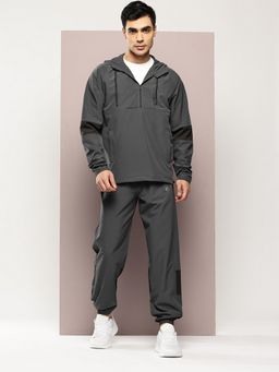 TURNFIT - Men Charcoal Colorblock Half Zip Hooded Gym Jacket with Joggers