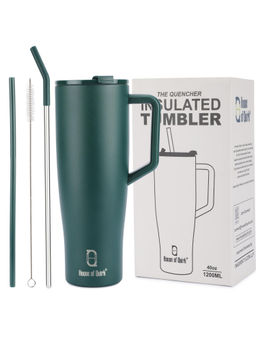 House of Quirk - 1200ml Tumbler with Handle and 2 Straw Flip Lid Water Bottle (Green)
