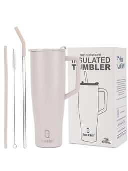 House of Quirk - 1200ml Tumbler with Handle and 2 Straw Flip Lid Water Bottle (Beige)