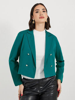 Styli - Green Solid Crop Blazer