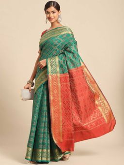 Odette - Green Silk Blend Printed Saree with Unstitched Blouse