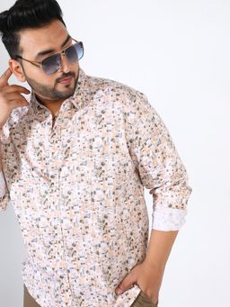 Instafab Plus - Men Beige Abstract Cotton Shirt
