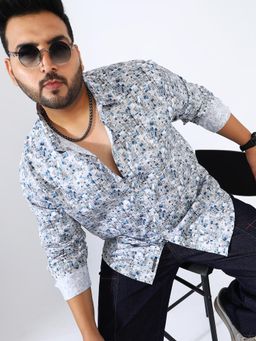 Instafab Plus - Men Indigo Blue Abstract Cotton Shirt