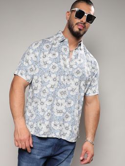 Instafab Plus - Men Icy Blue Botanical Print Shirt