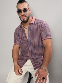 Instafab Plus - Men Brown and Blue Contrast Knitted Shirt