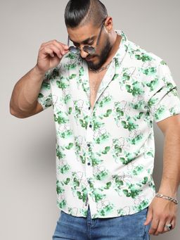 Instafab Plus - Men Green and White Botanical Strokes Shirt