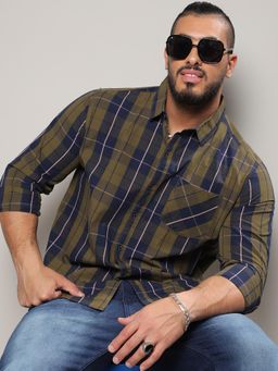Instafab Plus - Men Olive Green Tartan Plaid Shirt