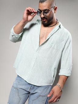 Instafab Plus - Men White and Green Horizontal Chalk Striped Shirt