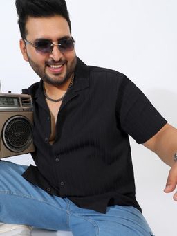 Instafab Plus - Men Charcoal Black Self-Design Striped Shirt