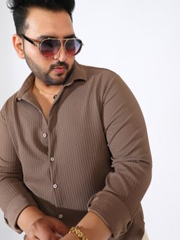 Instafab Plus - Men Tan Brown Stripe-Creased Shirt