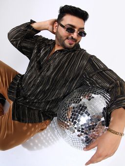 Instafab Plus - Men Jet Black and Metallic Gold Pleat-Creased Shirt