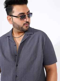Instafab Plus - Men Charcoal Grey Self-Design Block Shirt