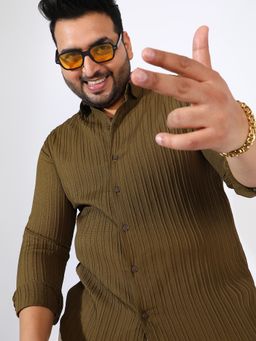 Instafab Plus - Men Olive Green Self-Design Striped Shirt