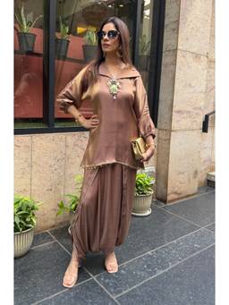 Ishnya - Brown Mocha Mizaaj Tunic Style Kurti with Dhoti