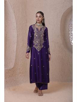 Label Niti Bothra - Rangrez Purple Aari Dori Long Kurta with Pant