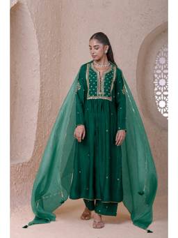 Label Niti Bothra - Rangrez Green Frock style Kurta with Pant and Dupatta