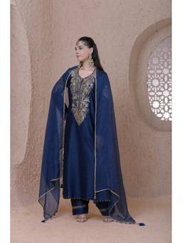 Label Niti Bothra - Rangrez Blue Heavy Neck Long Kurta with Pant and Dupatta