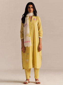 Ganga Fashions - Popcorn Yellow Embroidered Kurta With Pant & Dupatta (Set of 3)