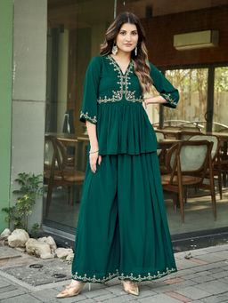 MOJILAA - Women Teal Crepe Embroidered Floral Embroidery Co-Ord (Set of 2)