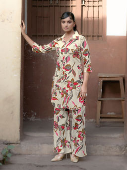 MOJILAA - Women Cream Khadi Cotton Printed Floral Printed Co-Ord (Set of 2)