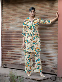 MOJILAA - Women Beige Khadi Cotton Printed Floral Printed Co-Ord (Set of 2)