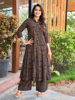 MOJILAA - Women Brown Rayon Abstract Print Co-Ord (Set of 2)