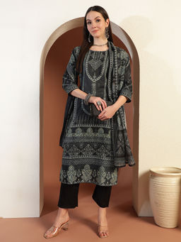 Chhabra 555 - Black Mirror Work Straight Kurta With Pant & Printed Dupatta (Set of 3)